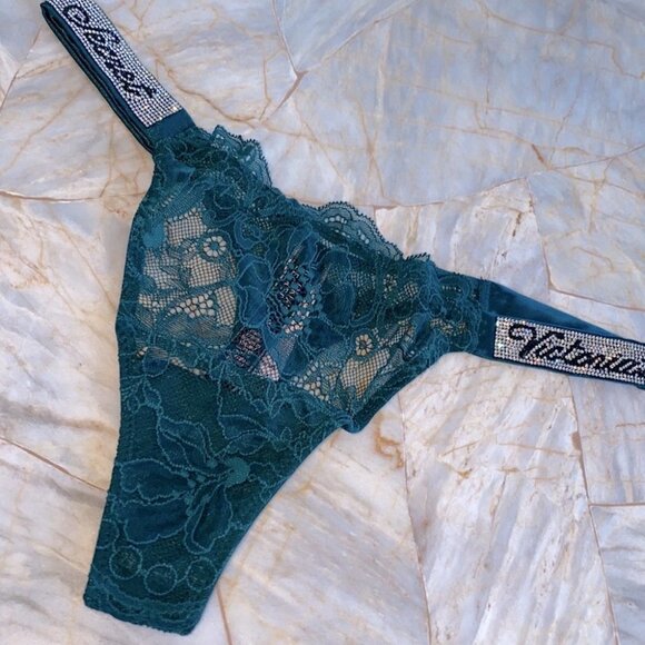 VS VERY SEXY Shine Strap Thong Panty Shimmer Crystal Band Lace Mesh Bling Green - Picture 3 of 11
